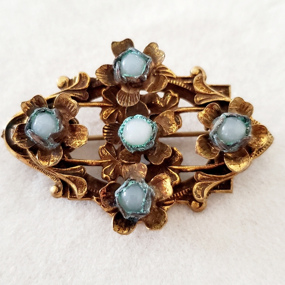 Antique Art Deco Brooch Mini Blue Milk Glass Stones Detailed Brass Floral Base